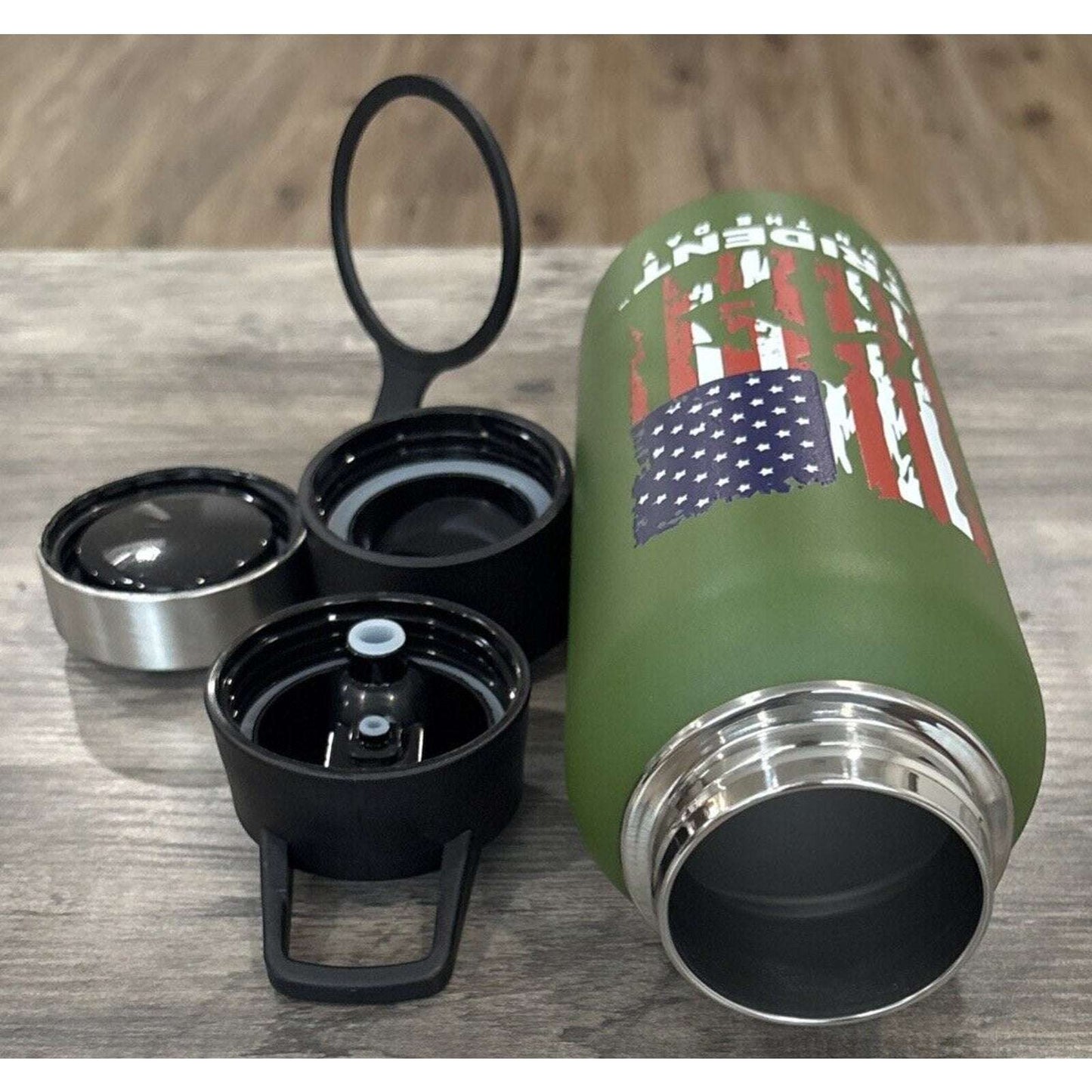 Trident Hydration Own The Day Green American Flag 32oz Water Bottle w 3 Lids