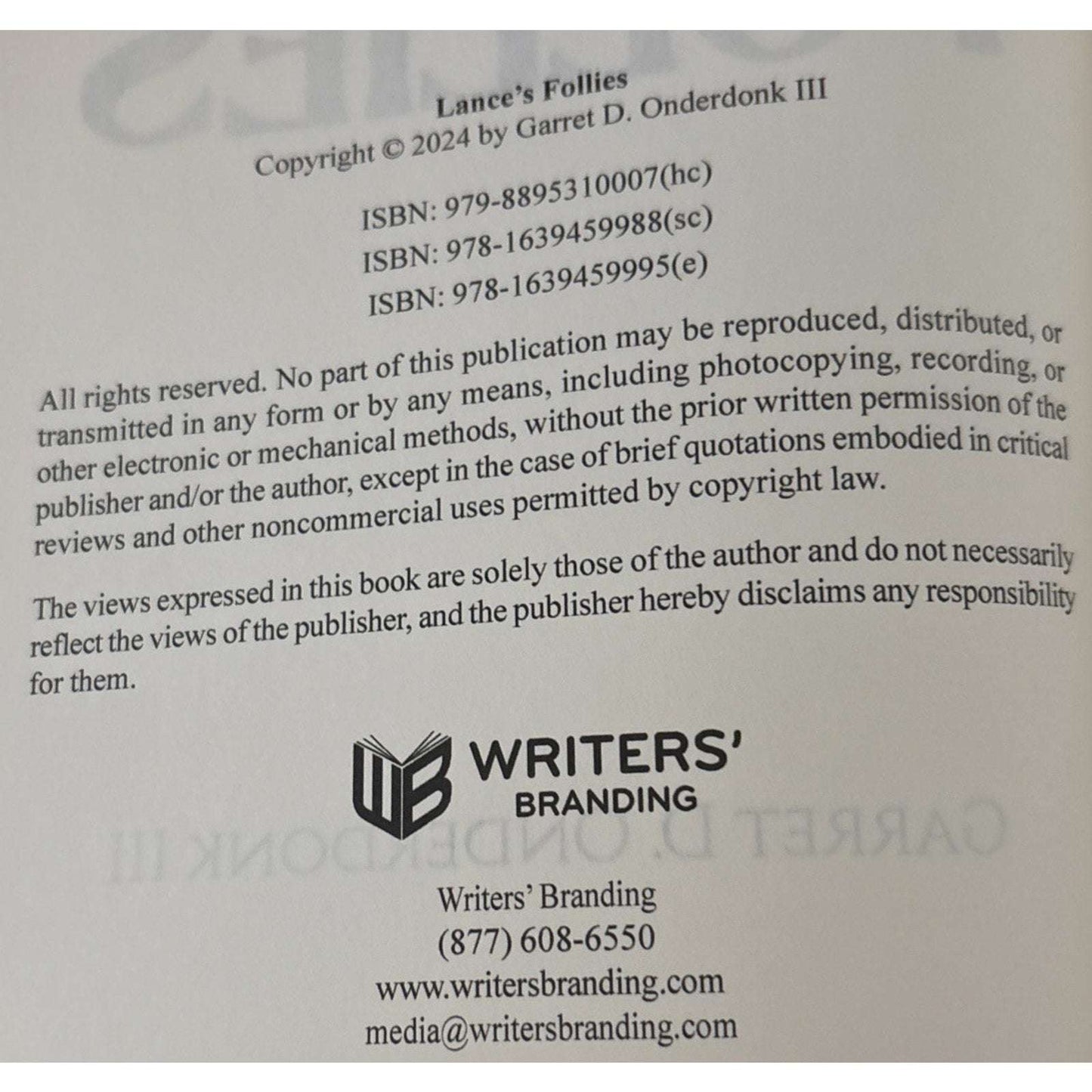 Lance's Follies by Garret D. Onderdonk, III Hardcover Book