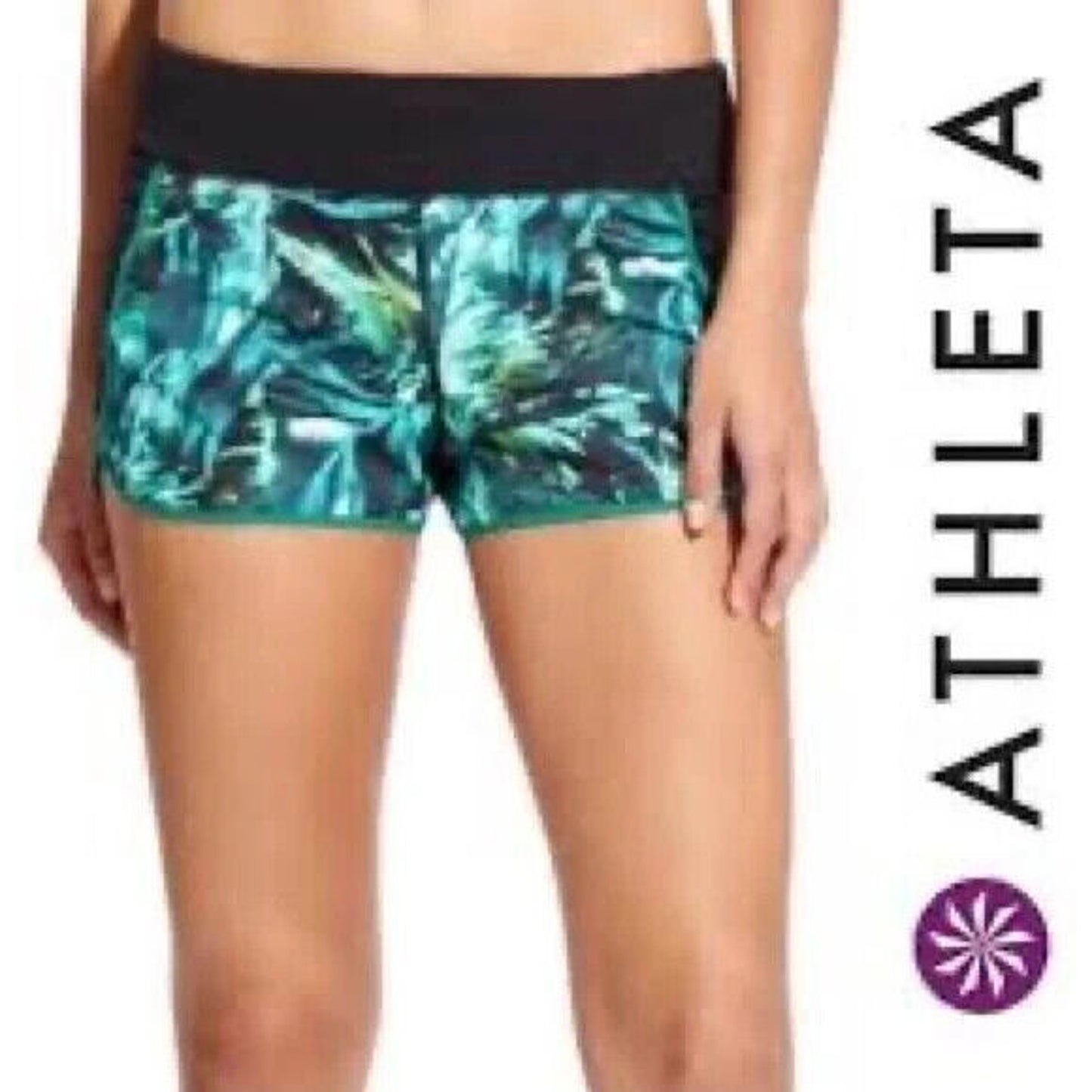 ATHLETA Running Gym Workout Shorts Tropical Print, Lined w zip Pocket Size L