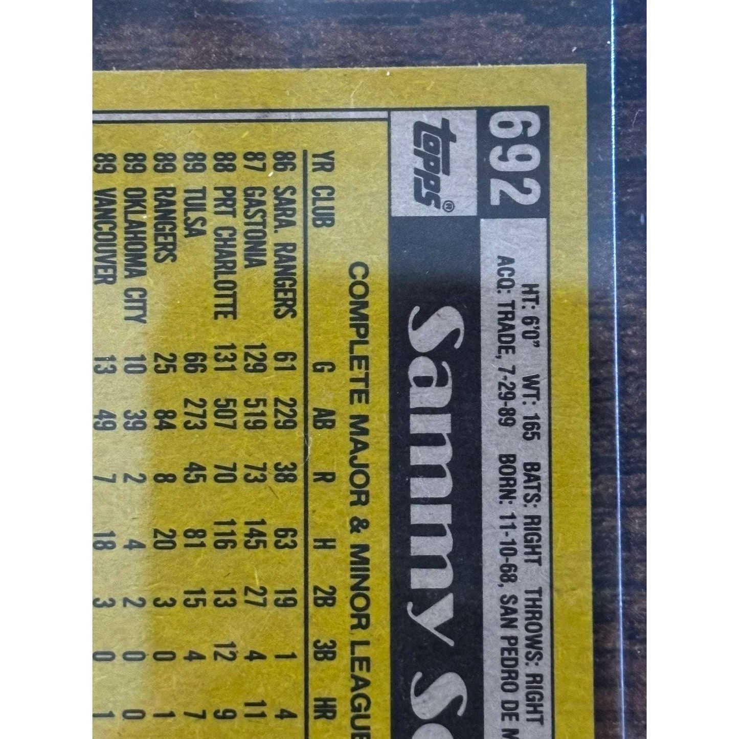 Sammy Sosa White Sox #692 Topps 1990 Rookie Card RC Error Card Misprint Birthday