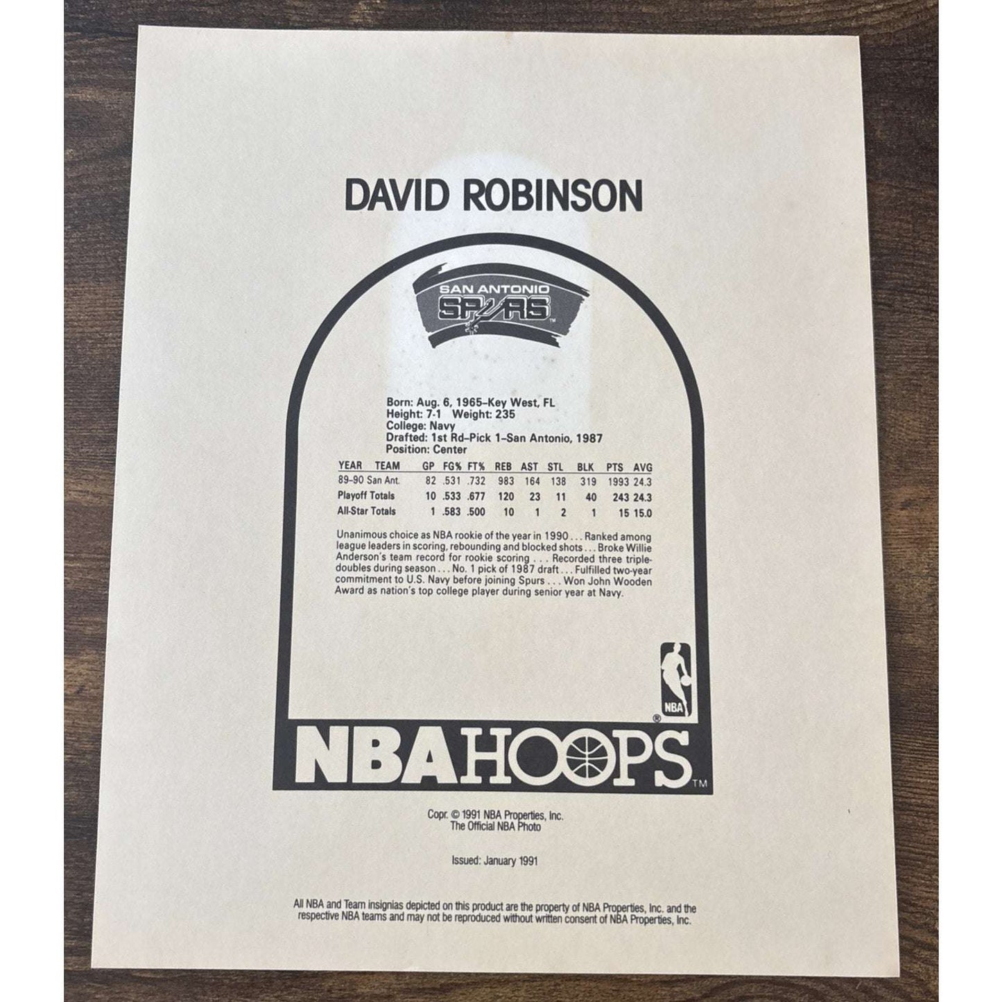 DAVID ROBINSON Spurs 1991 NBA Hoops Action Photos 8x10 Glossy Team Sets