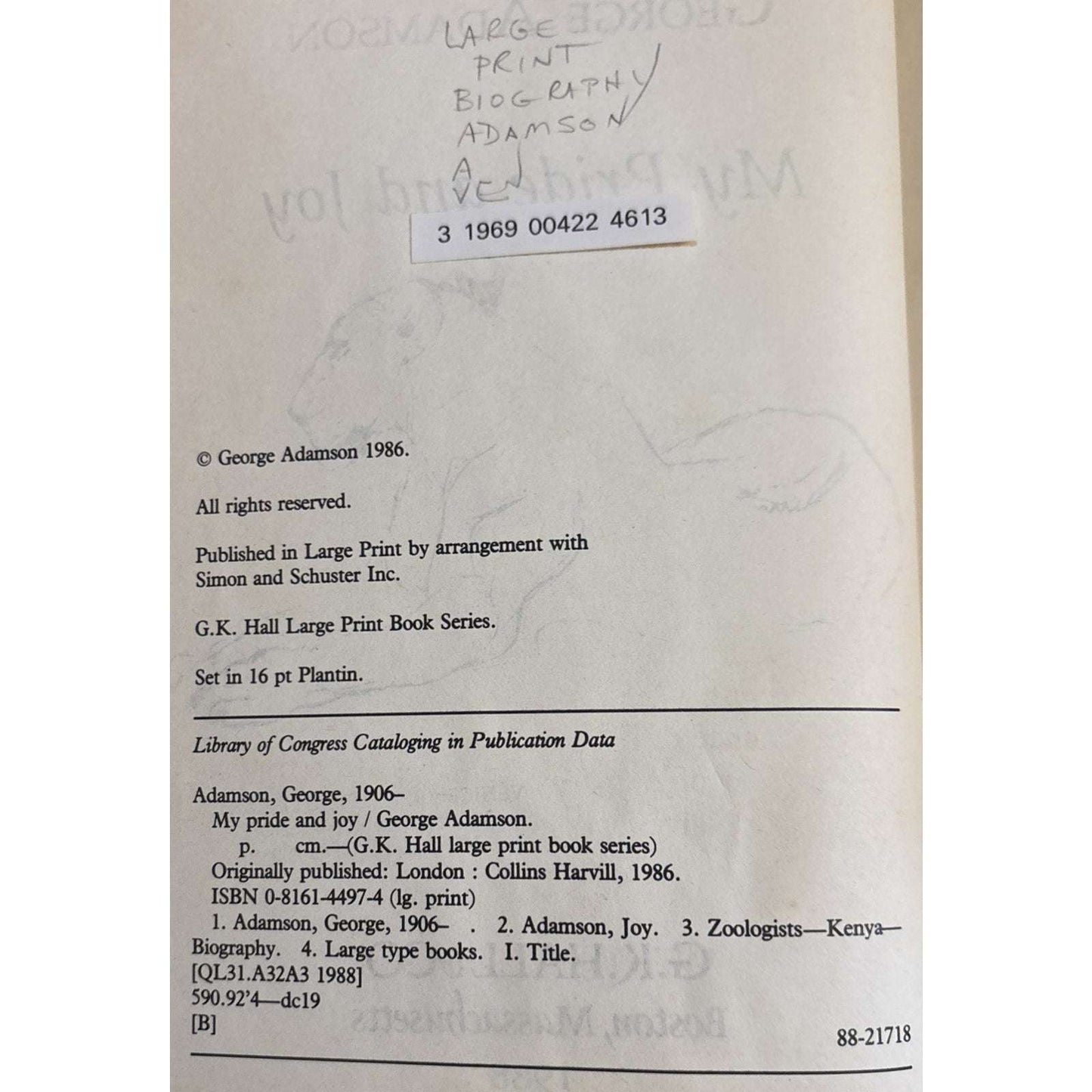 My Pride and Joy: An Autobiography George Adamson HC 1988 Ex-Library Large Print