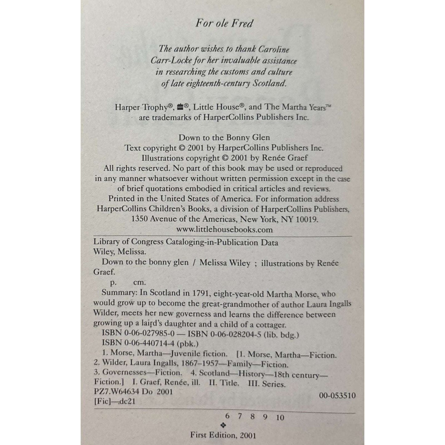 Down to the Bonny Glen (The Martha Years, Little House) by Melissa Wiley TPB VGC