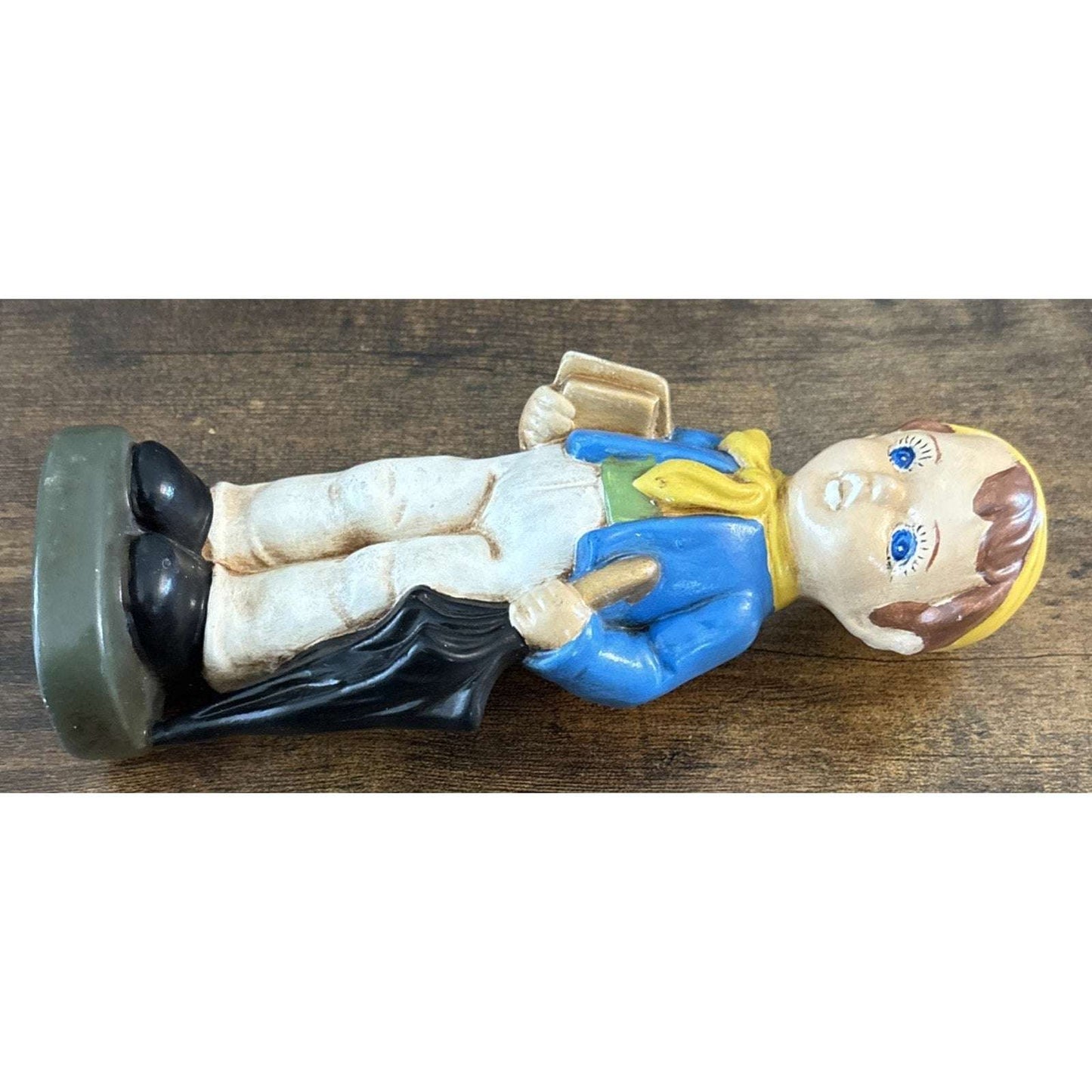 VTG Ceramic School Boy Figurine Books Umbrella Red Backpack Blue Coat Yellow Hat