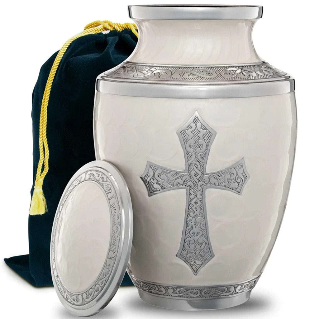 Olivia Memorials God's Love White Urn for Ashes Hand Engraved Cross Large 8x10