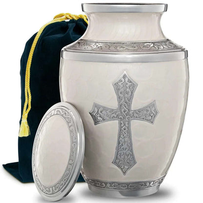 Olivia Memorials God's Love White Urn for Ashes Hand Engraved Cross Large 8x10