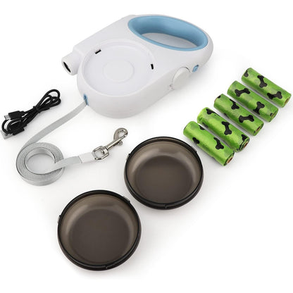 5in1 Retractable Dog Leash w/ Rechargeable LED Light, Poop Bag Holder +2 Bowls