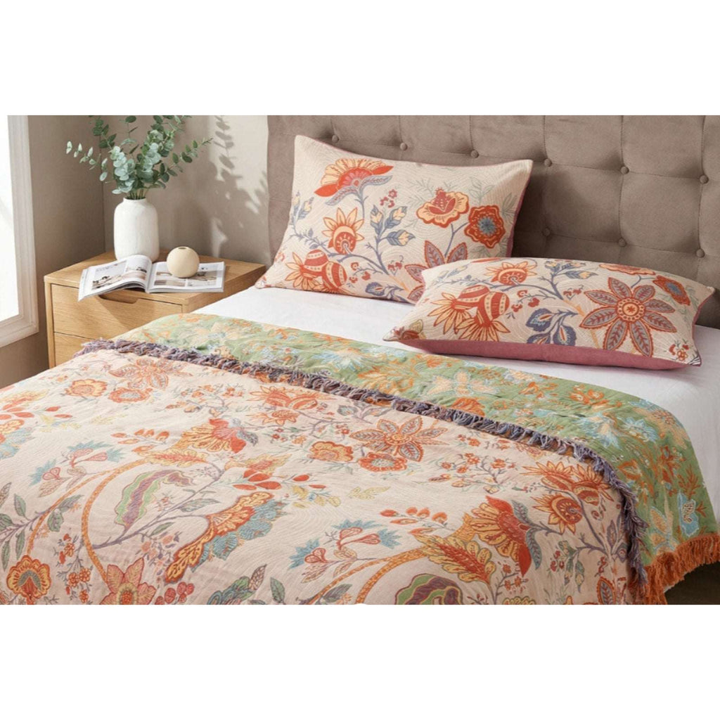 Casa & Beyond Cotton Floral Boho Reversible Blanket 91" x 98" + 4 Pillow Shams