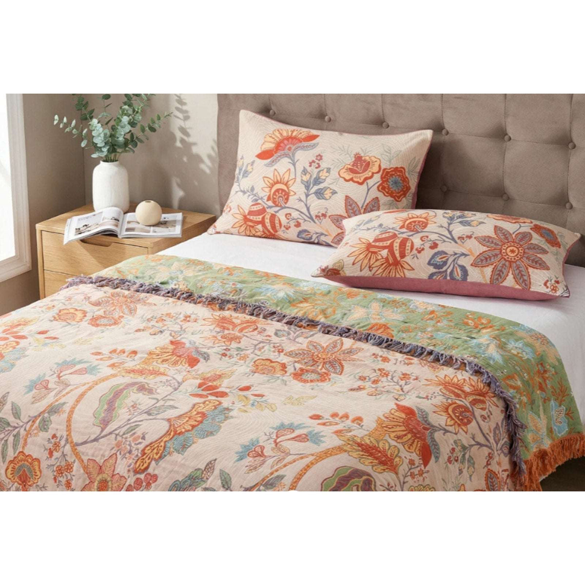 Casa & Beyond Cotton Floral Boho Reversible Blanket 91" x 98" + 4 Pillow Shams