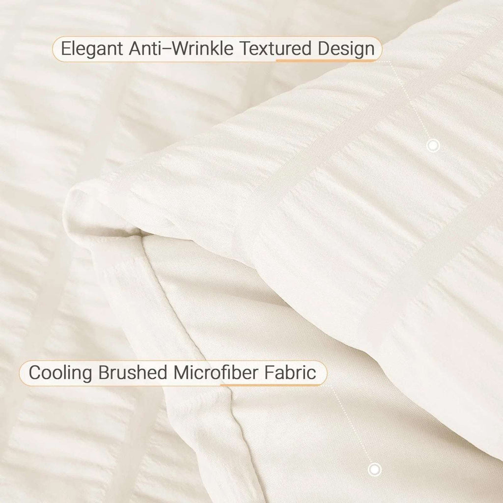 MUXHOMO 7PC Ivory Seersucker Queen Size Comforter & Sheet Set, Bed in a Bag