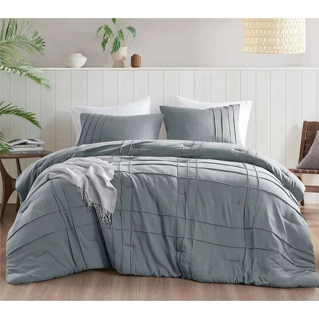 King Size 3PC PORTER Soft Washed Cotton Pinch Pleated Duvet Set Slate Gray/Blue