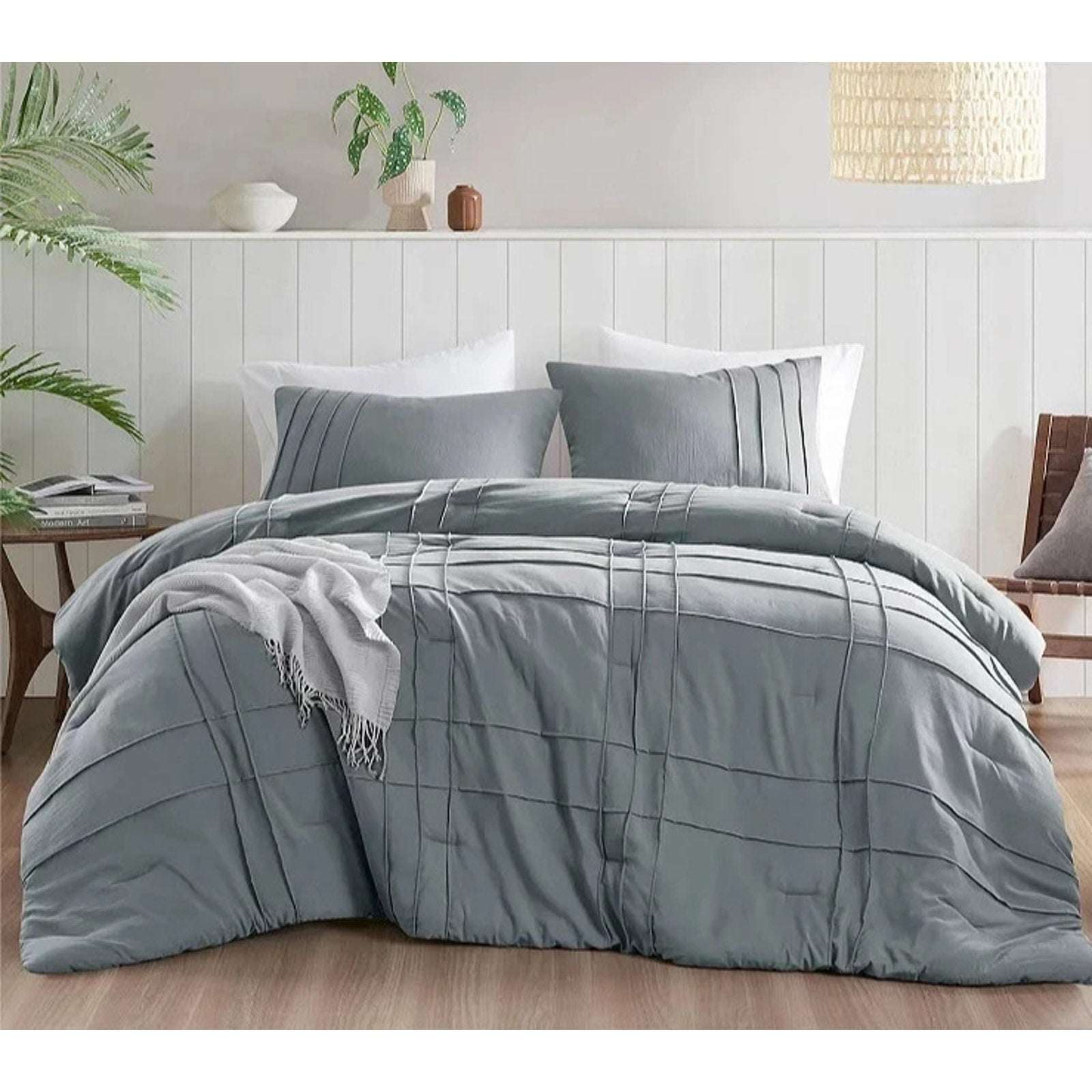 King Size 3PC PORTER Soft Washed Cotton Pinch Pleated Duvet Set Slate Gray/Blue
