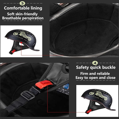 DOT Approved Retro Baseball Cap Motorcycle Vtg German Style Half Face Skull Cap