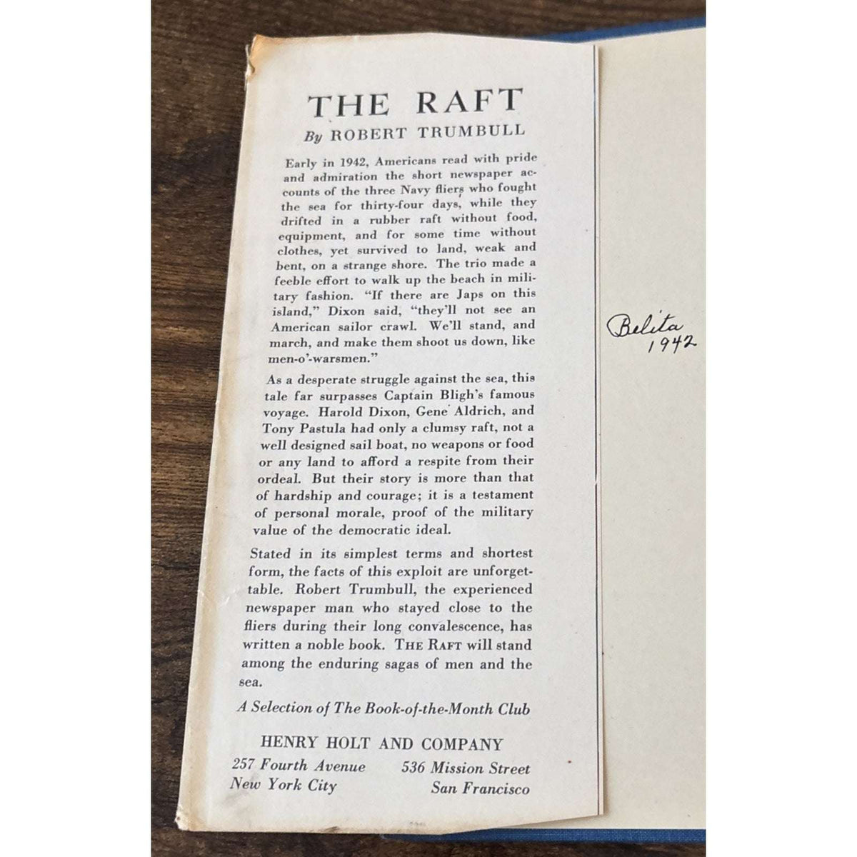 The Raft Robert Trumbull 1942 Henry Holt Co HCDJ And BOMC Insert