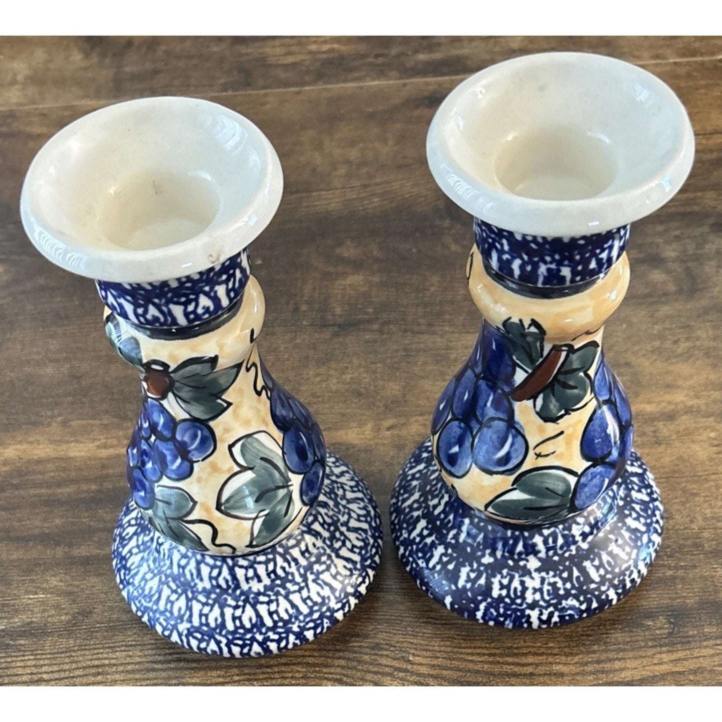 Blue Rose Polish Pottery Boleslawiec 7" Candlestick Pair Blue White Grapes