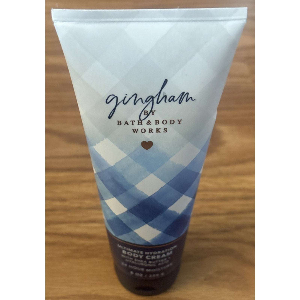 4PC Bath & Body Works Gingham Body Lotion, Cream, Exfoliating Gloves & Bag Set