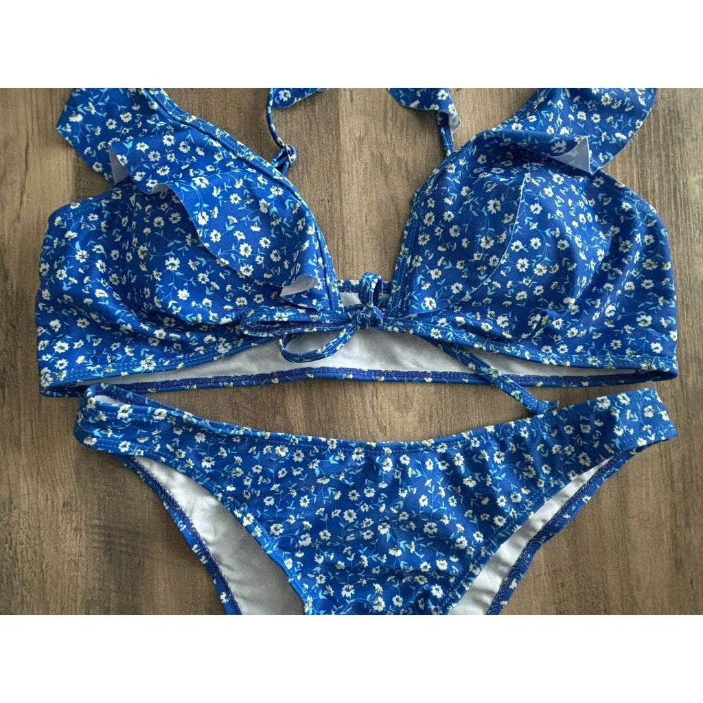 Women's Ruffled Straps Cheeky High Cut Bottom Blue White Flowers Bikini 2Pc Sz M