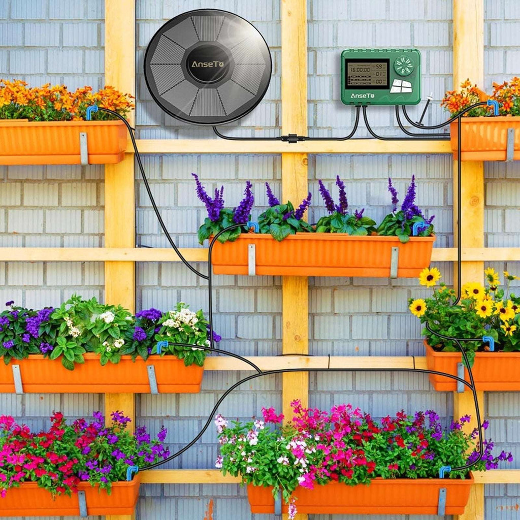 50' Automatic Drip Solar Irrigation System Plant Watering w/ Split Timer 15 Pots