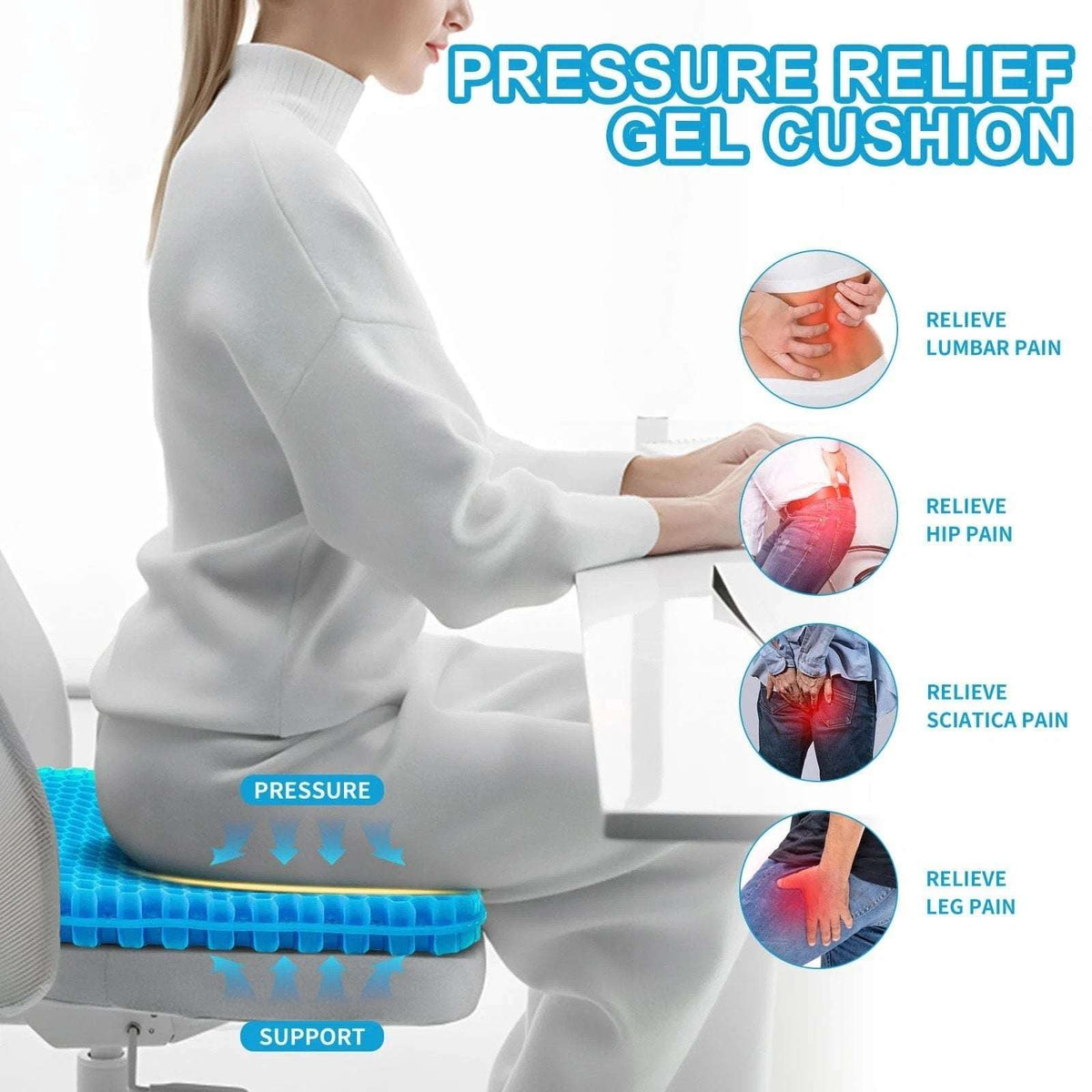 Gel Seat Cushion Long Sitting 16.5" x 14.5" x 2.4" Extra Thick Pressure Relief