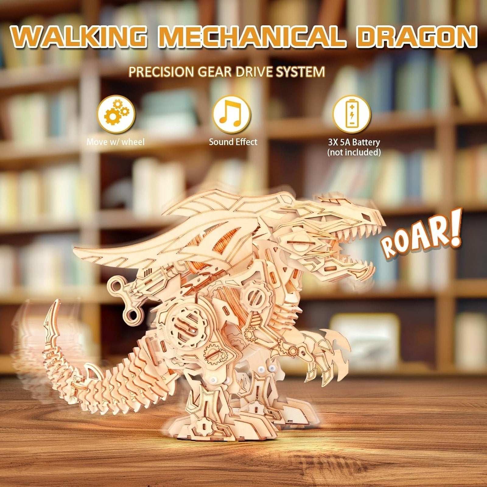 RMOKA 3D DIY Wooden Puzzle Walking Mechanical Roaring Dragon Mechanical Assembly