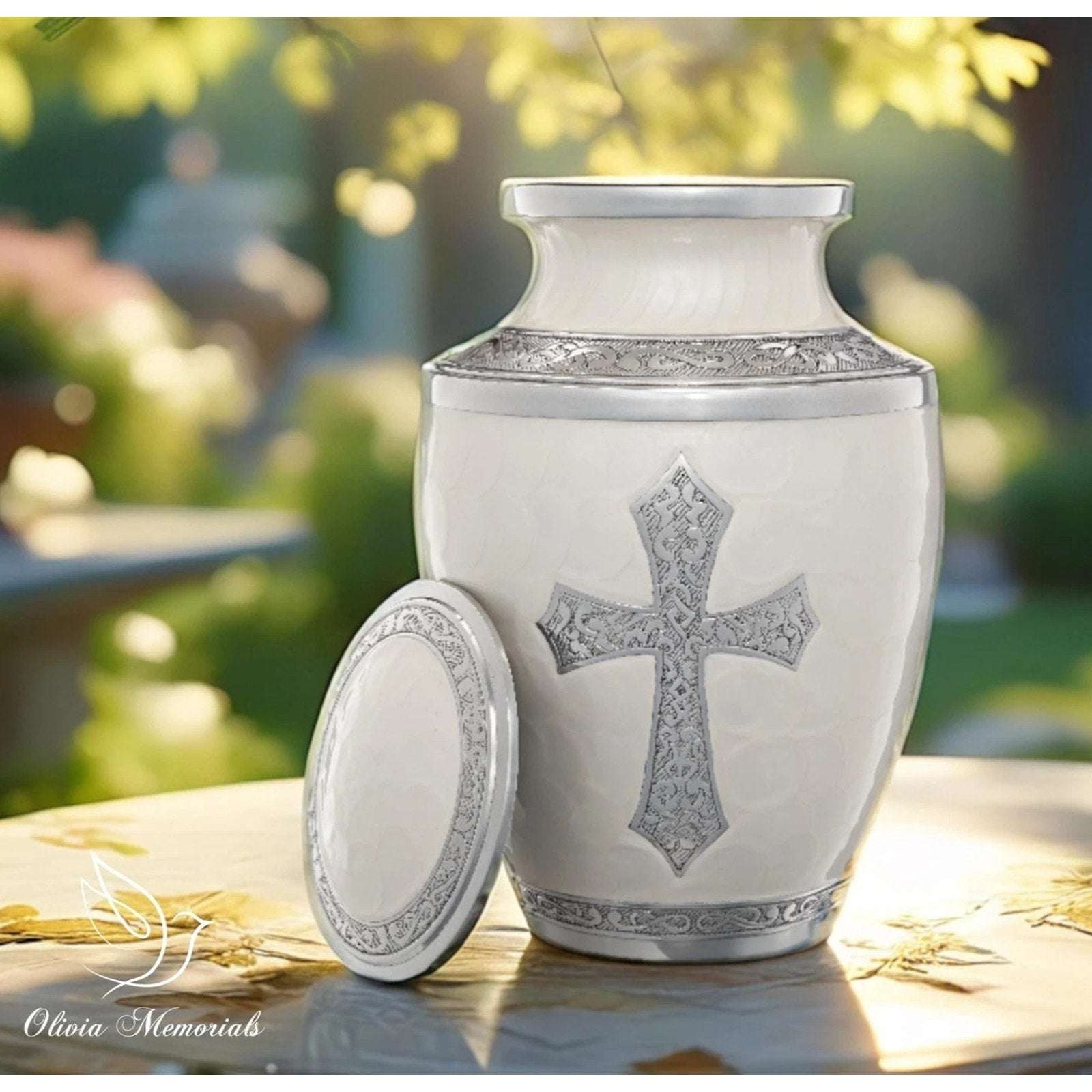 Olivia Memorials God's Love White Urn for Ashes Hand Engraved Cross Large 8x10