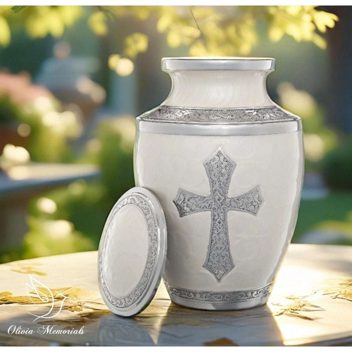 Olivia Memorials God's Love White Urn for Ashes Hand Engraved Cross Large 8x10
