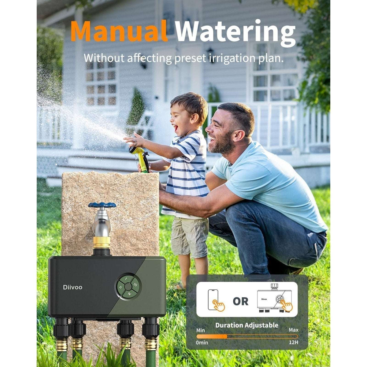 Diivoo 4 Zone WiFi Smart Water Timer + Hub w/ Brass Inlet Rain Delay App Control