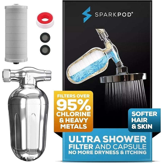 SparkPod Ultra Shower Head Water Filter & Capsule - Silver - Softer Hair & Skin