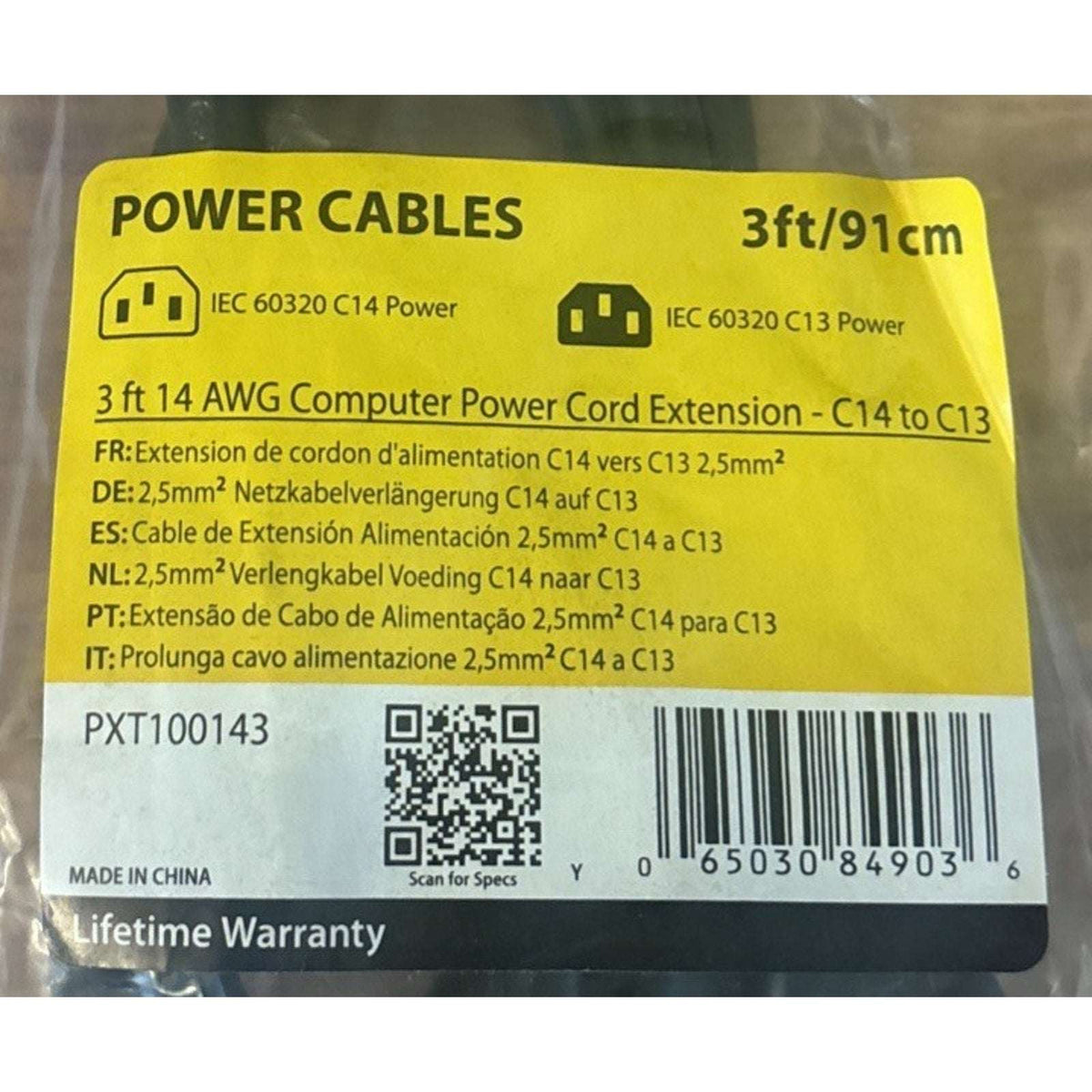 5PC StarTech.com AC Power Cord Extension IEC 60320 C14 to C13 14AWG 15A 125V 3ft