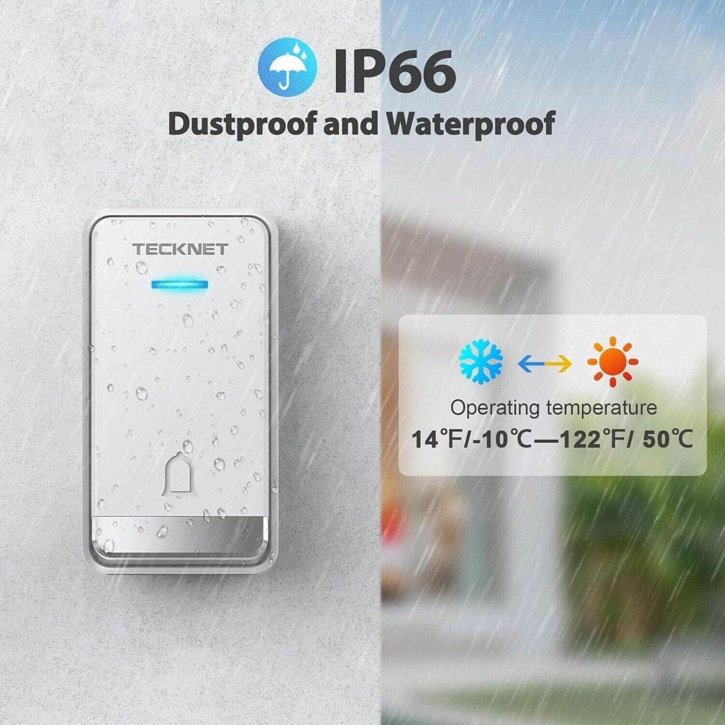 TECKNET Self-Powered Wireless Doorbell, Waterproof Door Chime Kit HWD01816