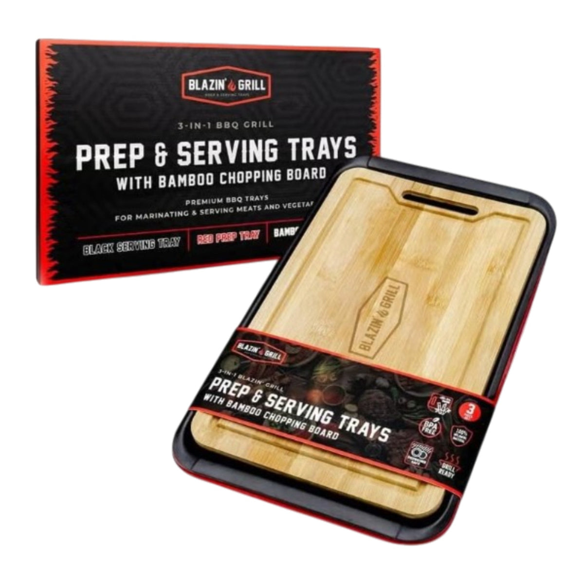 Melamine Grill Prep Serving Trays w/ Cutting Board 3PC Stackable BBQ Set