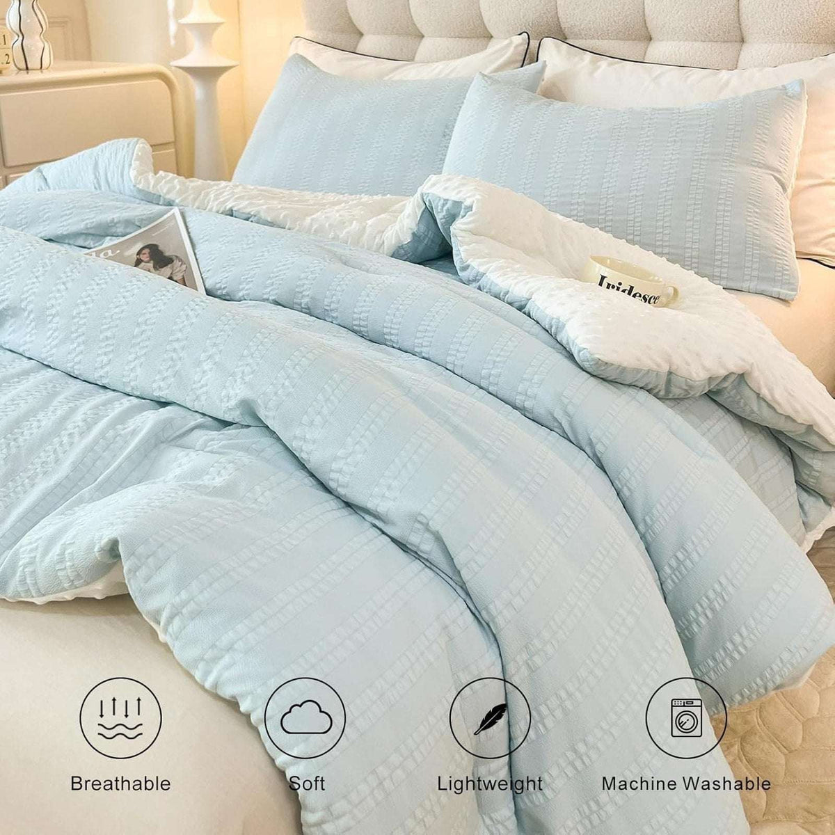 tohrisa Boho Comforter Set Full Size Blue Seersucker 3PC All Season Bedding