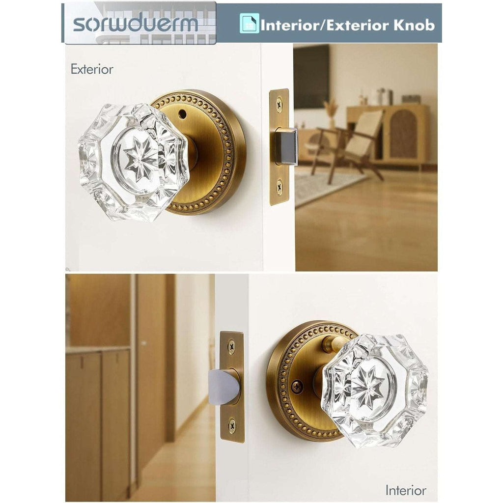 SORWDUERM Antique Brass and Crystal Door Knob Interior Privacy with Lock Button