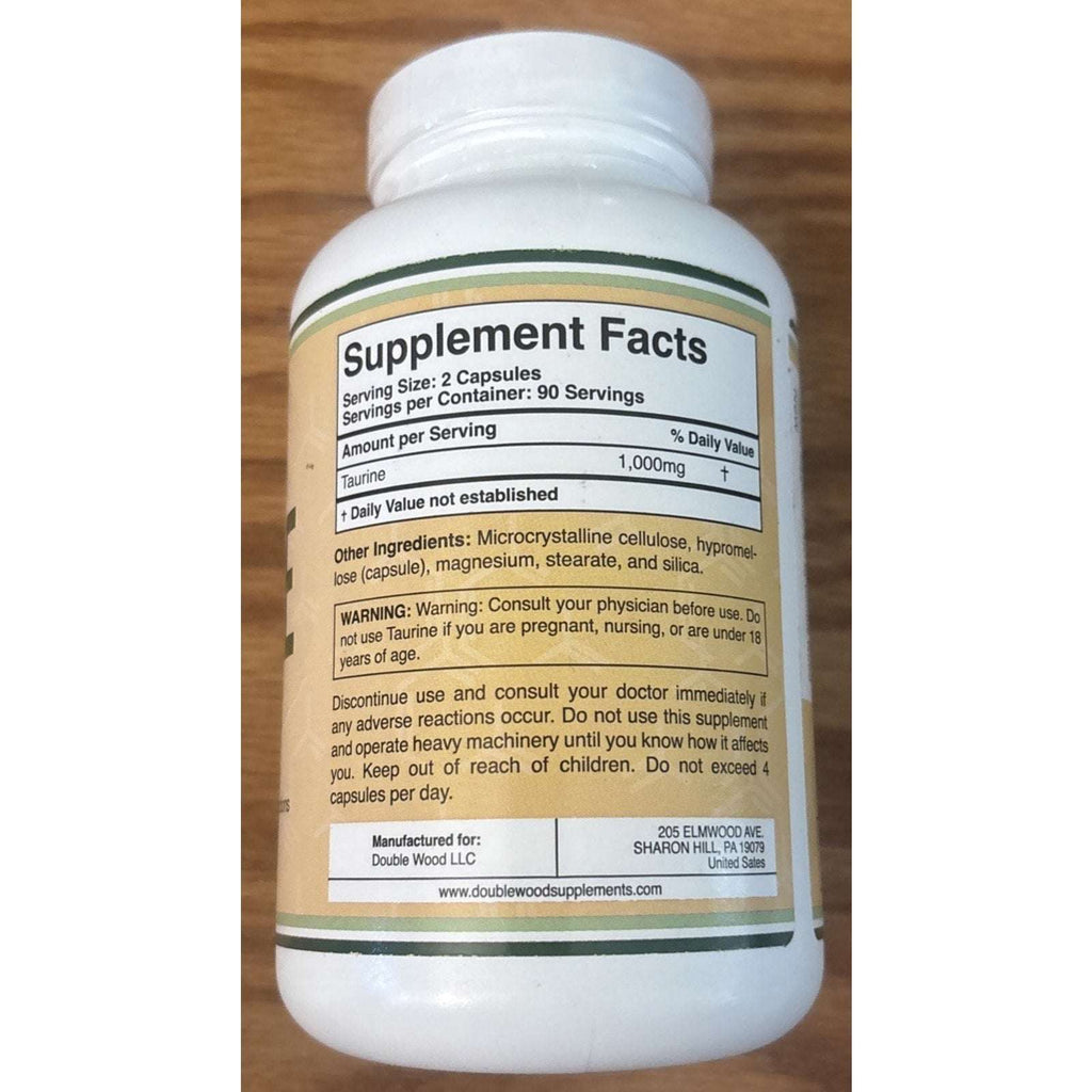 Taurine Supplement 1000mg 180 Capsules Gluten Free Non-GMO DoubleWood 02/2028