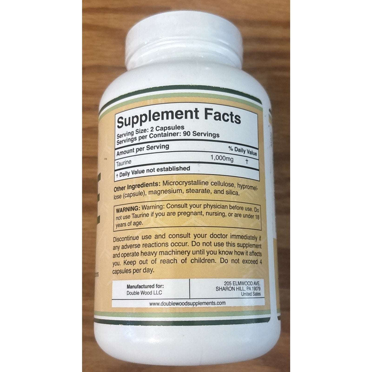 Taurine Supplement 1000mg 180 Capsules Gluten Free Non-GMO DoubleWood 02/2028
