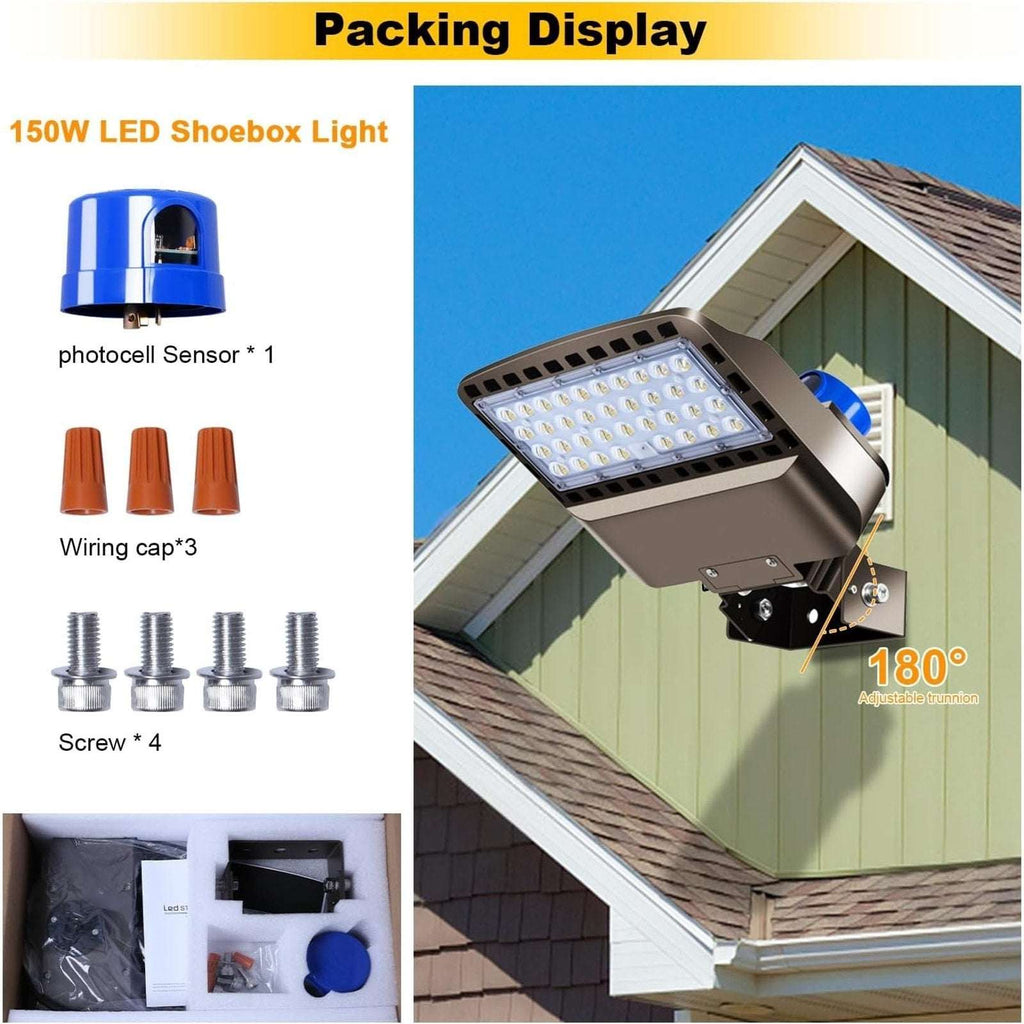BIRITALO 150W LED Shoebox Street Light 5000K Waterproof, Photocell Dusk to Dawn