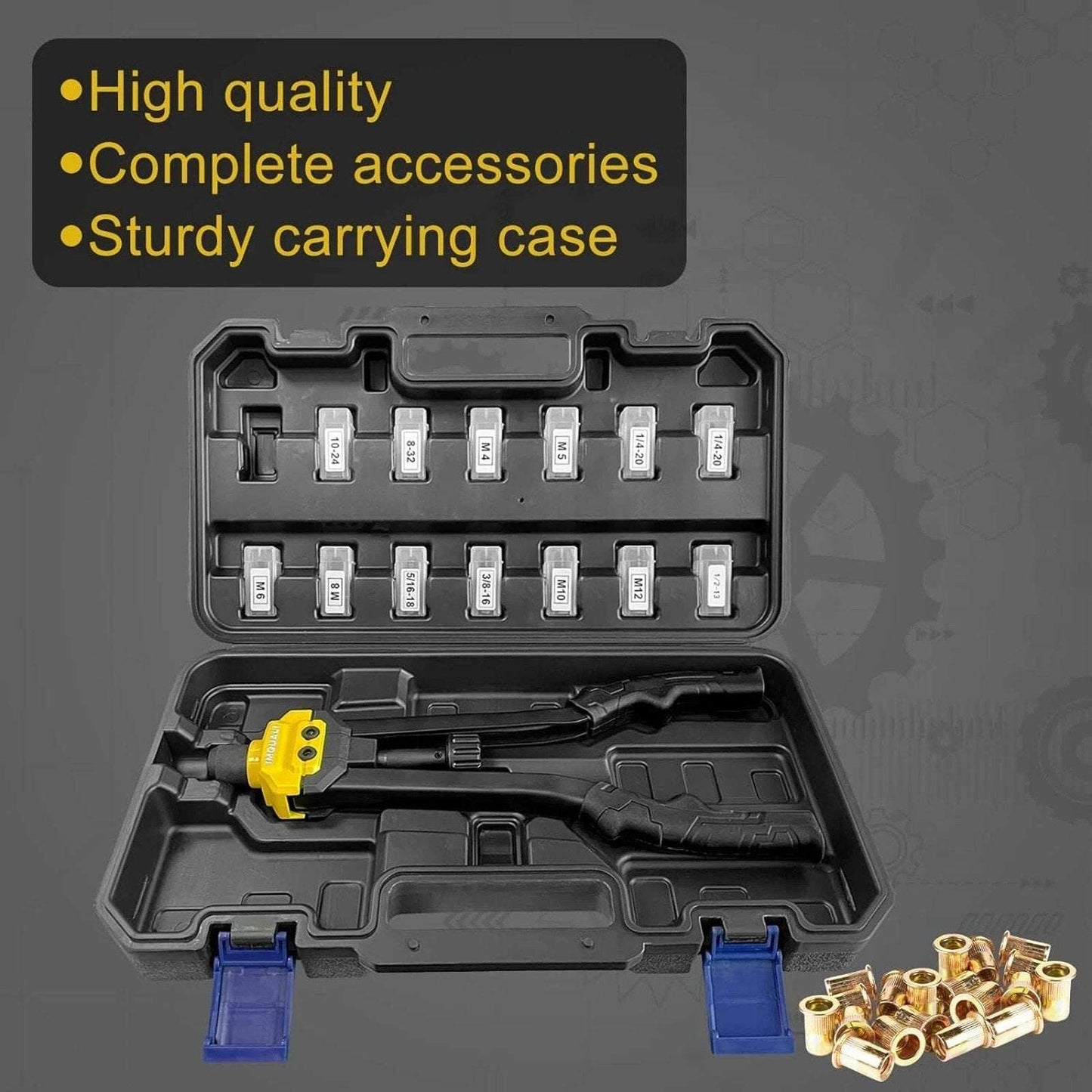 IMQUALI 16" Hand Rivet Nut Tool Kit 14 Metric & SAE Mandrels & Nut Set with Case