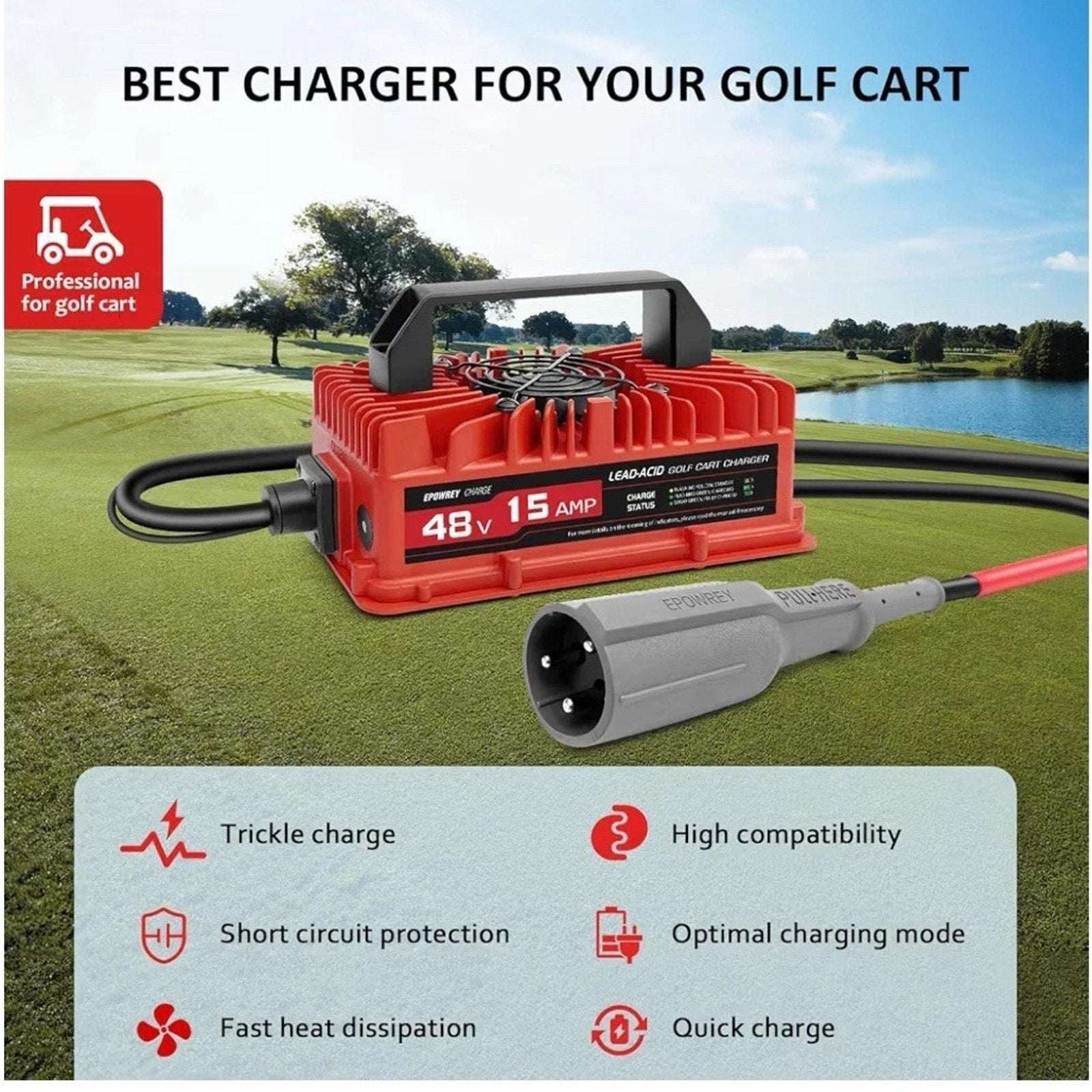 EPOWREY 15 AMP 48 Volt Golf Cart Battery Charger for Club Car 3-Pin Round Plug