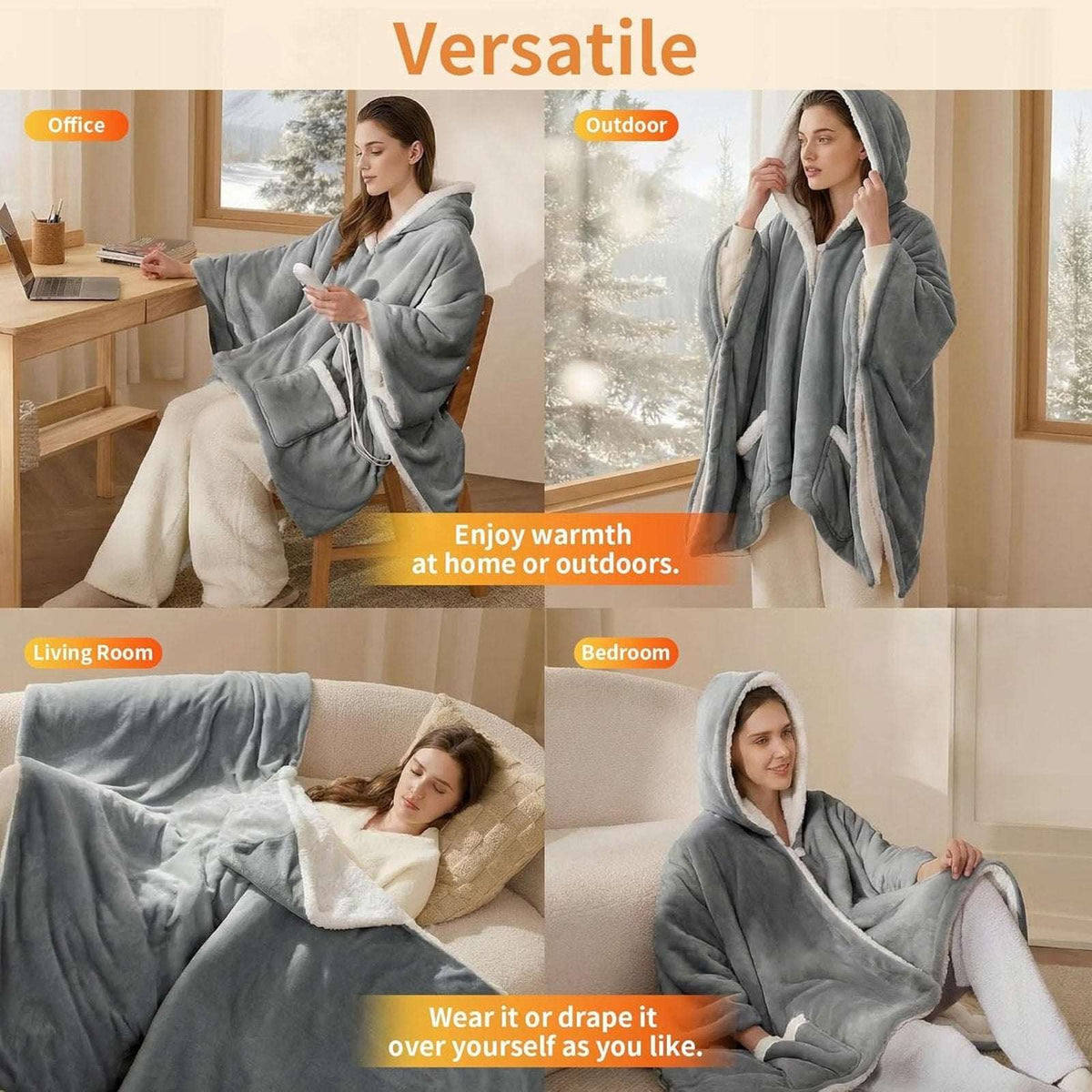 Wearable Sherpa & Velvet Heated Blanket with Hood & Pockets 6 Heat Levels, Timer