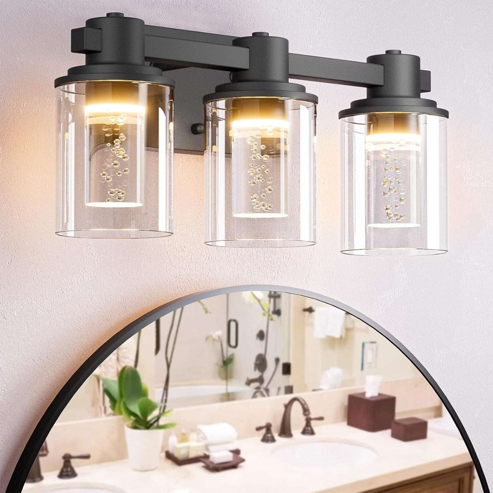 Bathroom Vanity Light Fixture 3-Light Dimmable Black, Crystal with Bubble Bulbs