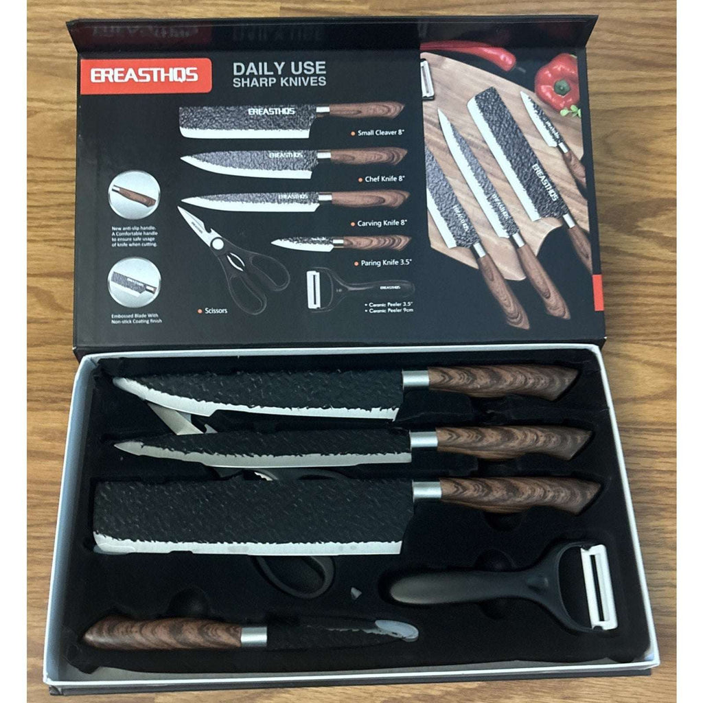 6PC Knife Set Embossed Non-Stick Blade w Wood Grain Handle Cleaver Chef Carving+