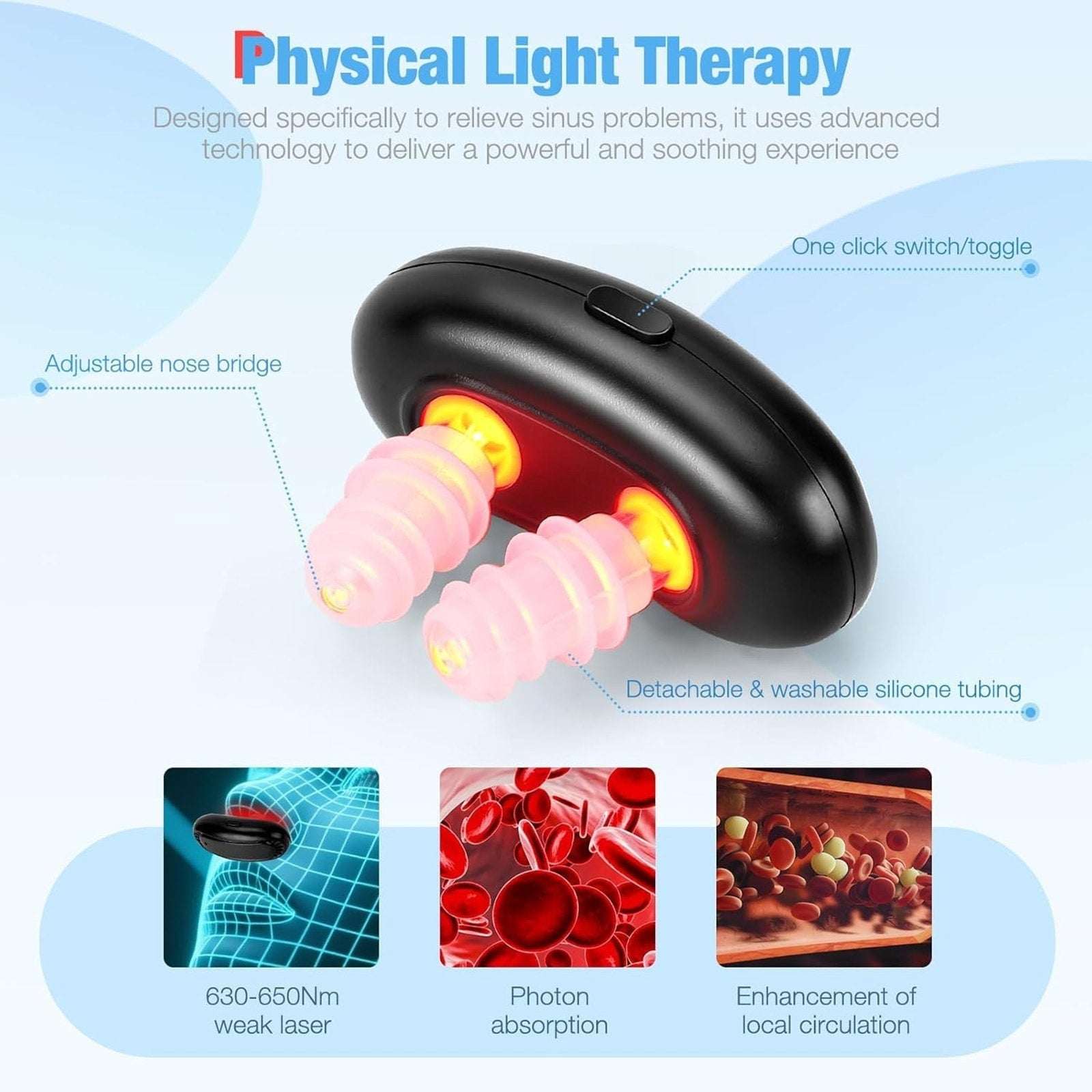 Red Light Nasal Therapy Device, 3 Modes Rechargeable for Dry Nose, Colds & Sinus