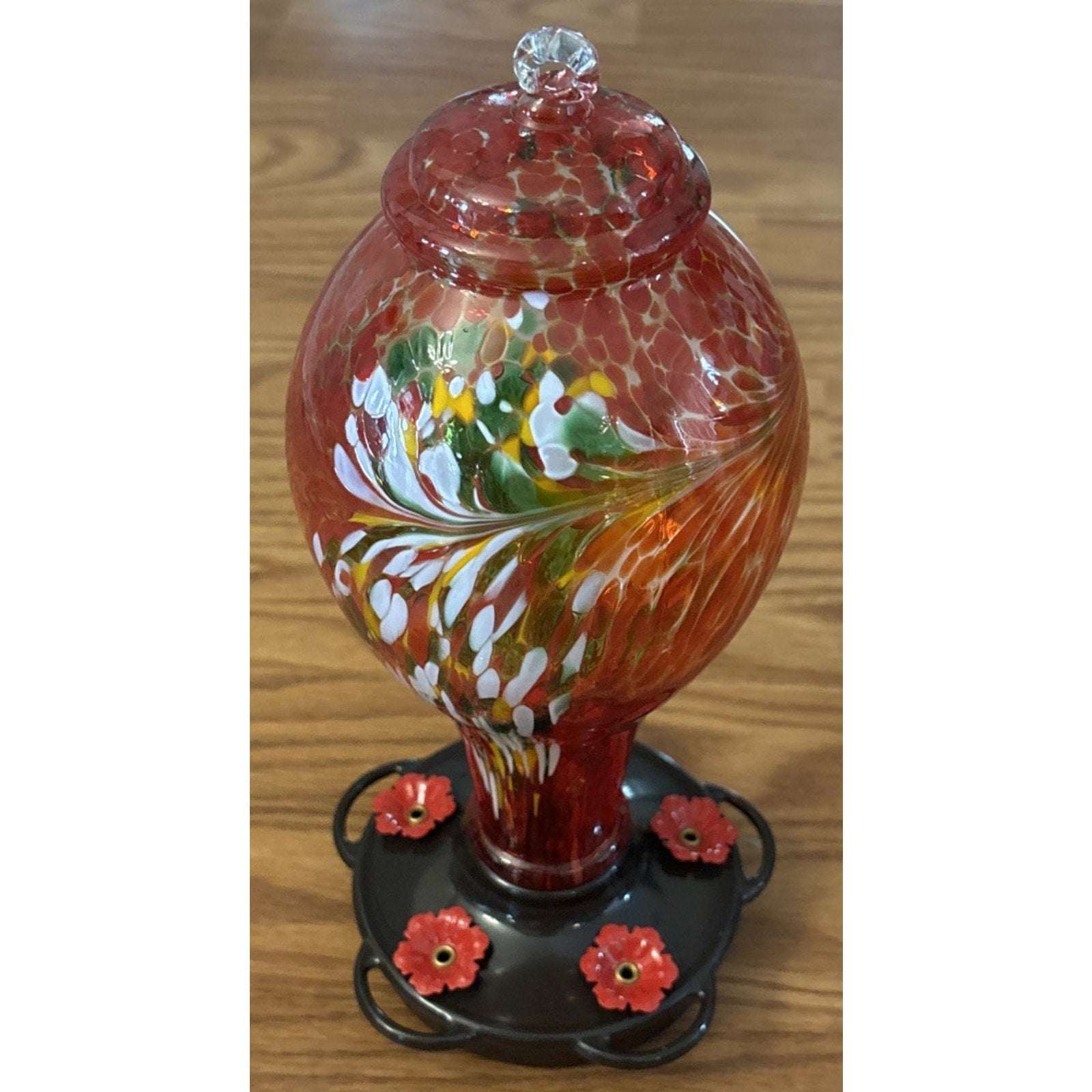 36OZ Hand Blown Glass Hanging Hummingbird Feeder with 5 Flower Feeding Stations