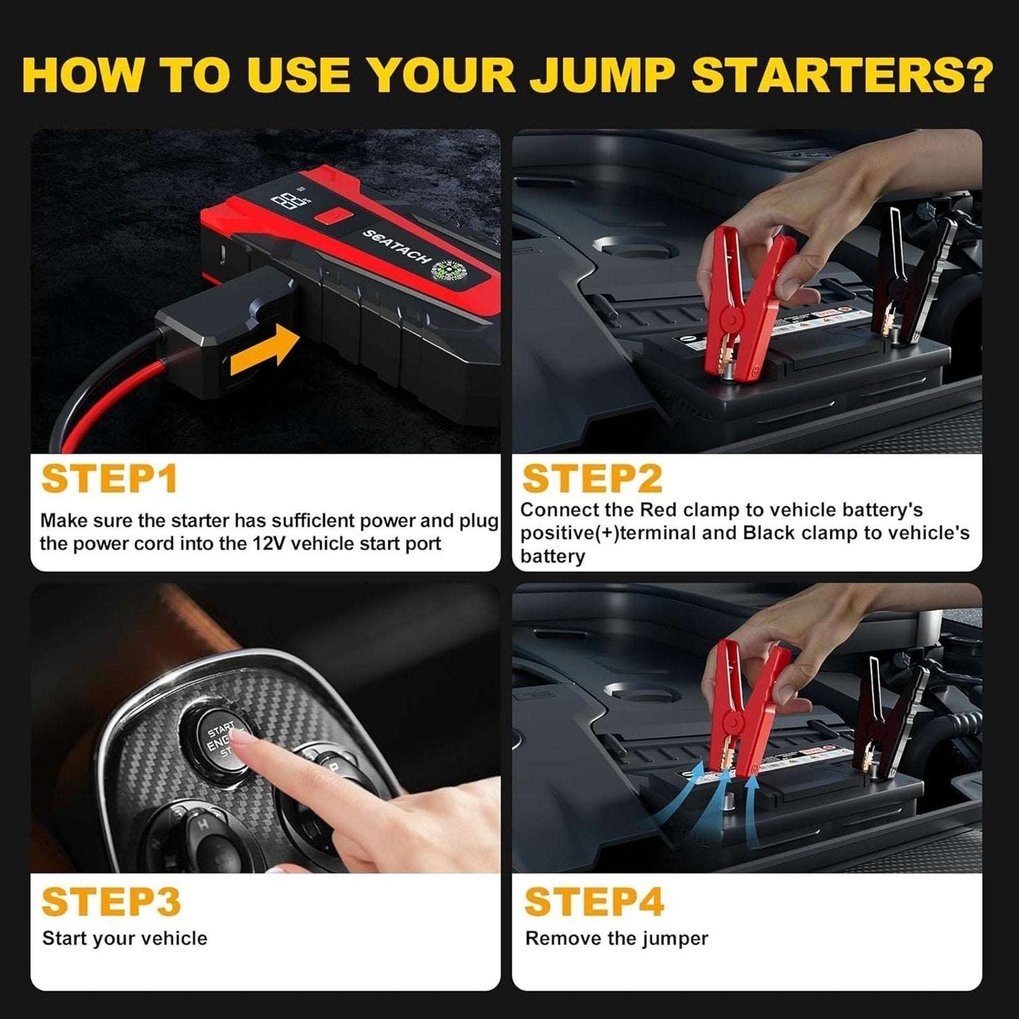Scatach 3000A 12V Car Battery Jump Starter, Jumper Cable, Flashlight & Powerbank