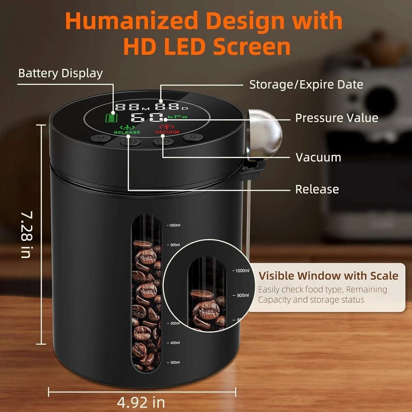 Automatic Airtight Vacuum Sealing Coffee Canister 1.3L Smart Sensors LCD Display