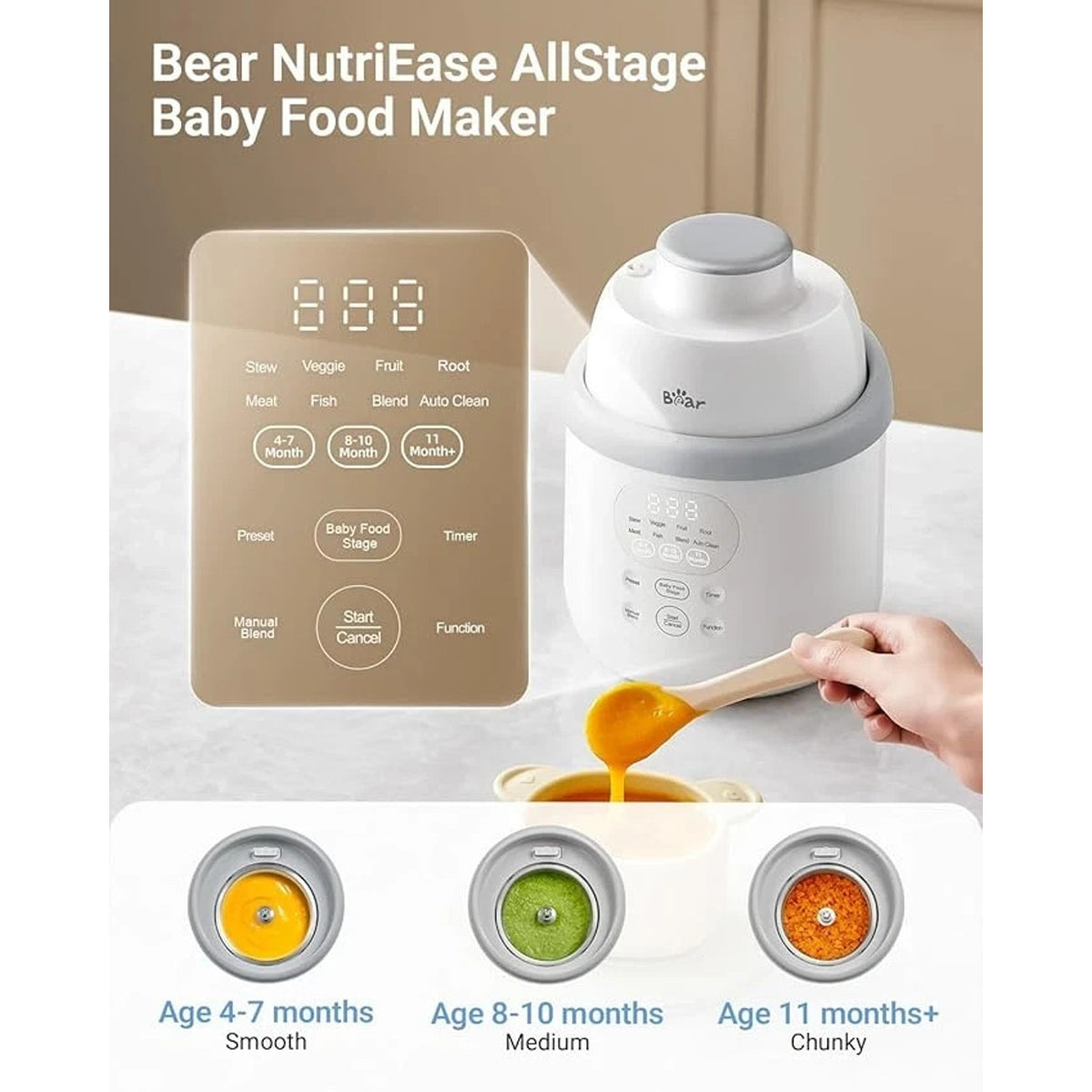 NEW Bear NutriEase All Stage Stainless Steel Baby Food Maker Steamer and Blender