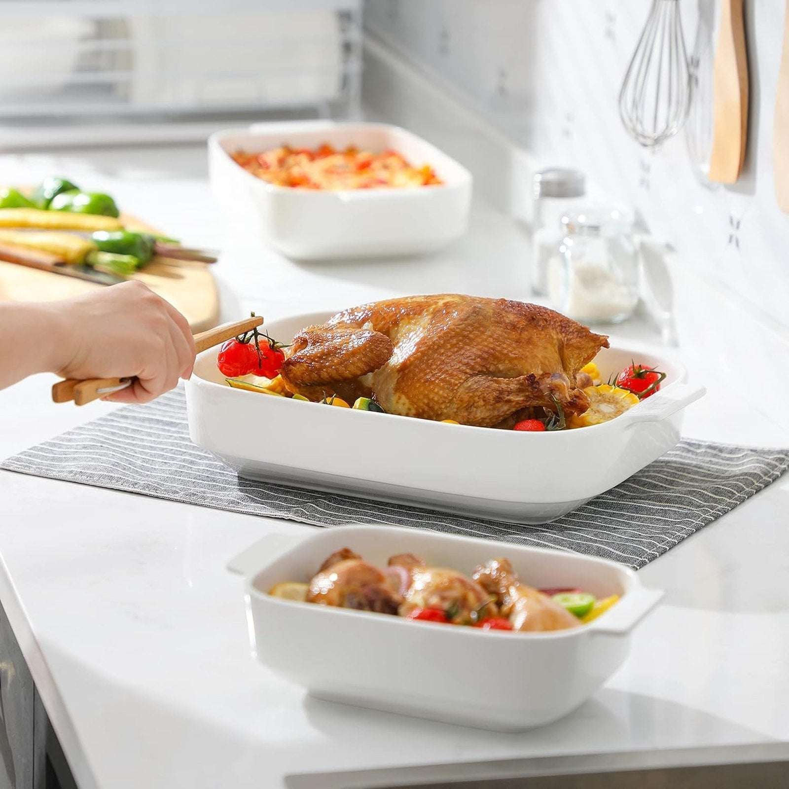 MALACASA 3PC Porcelain Casserole Baking Dish Set for Oven Ceramic Bakeware White