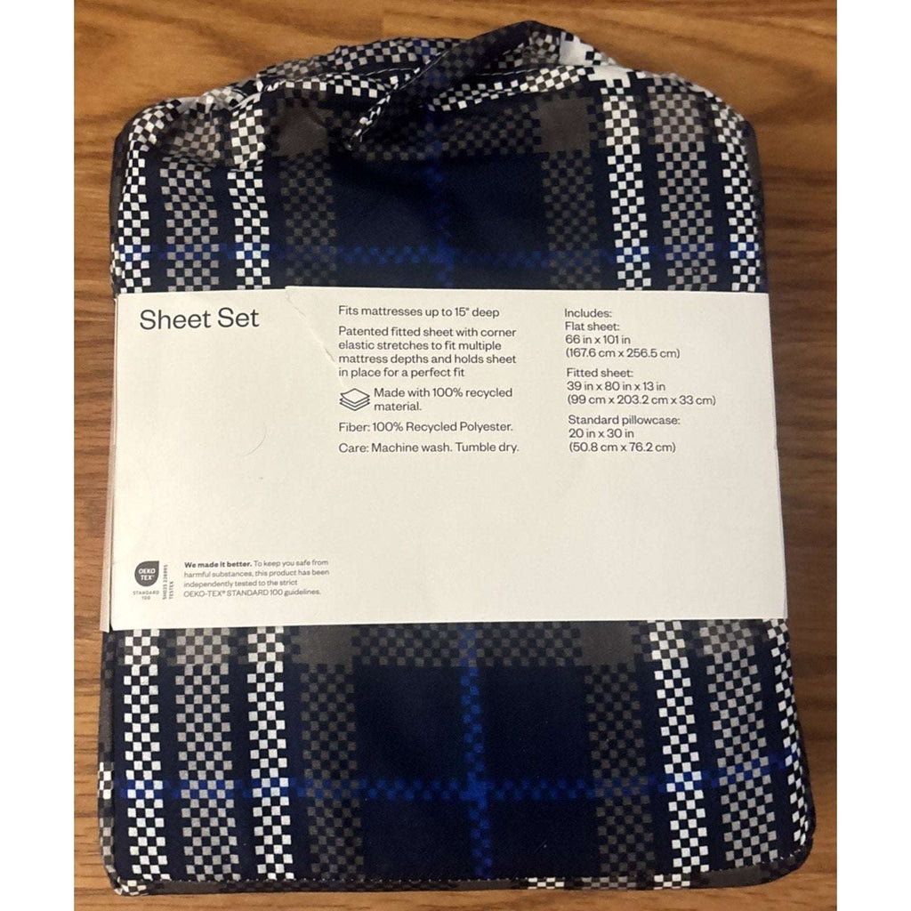 2 x 3PC Sheet Sets + Blanket Room Essentials Blue/Gray Plaid Microfiber Twin XL