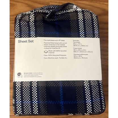 2 x 3PC Sheet Sets + Blanket Room Essentials Blue/Gray Plaid Microfiber Twin XL