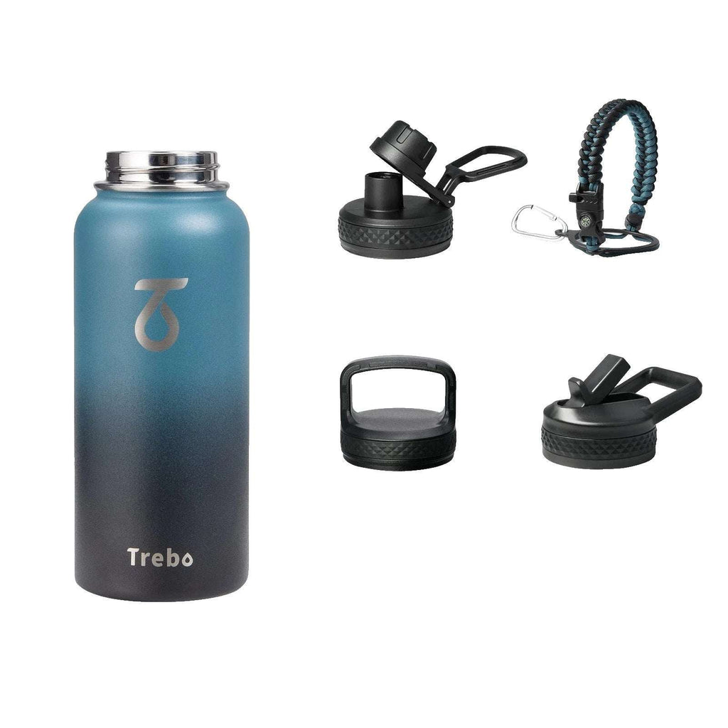 Trebo 32oz Water Bottle Insulated 3 Lids, Paracord, Carabiner, Compass & Whistle